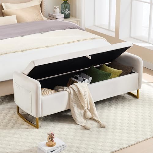 Storage Bench for Bedroom, 65 Inch End of Bed Storage Bench Beige | Velvet St...
