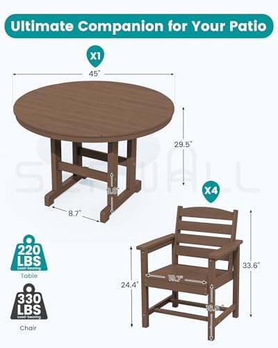 SERWALL 5-Piece HDPE Round Dining Set, 45" Table, 4 Chairs, Brown