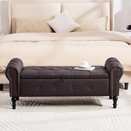 Storage Bench 51" Faux Leather End of Bed Benches Dark Brown | Queen Siz...