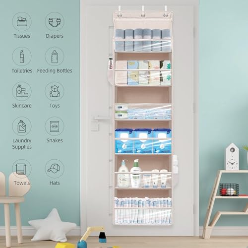 Over Door Organizer with 6 Extra Large Pockets 12 Side Pockets, 2-Pack Sturdy Closet Rack, Hanging Storage Organizer with Clear Window for Shoes, Diapers, Bedroom, Bathroom, Beige