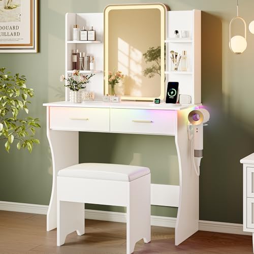 Makeup White Vanity Desk with Lights and Mirror, Small Vanity for Bedroom | V...