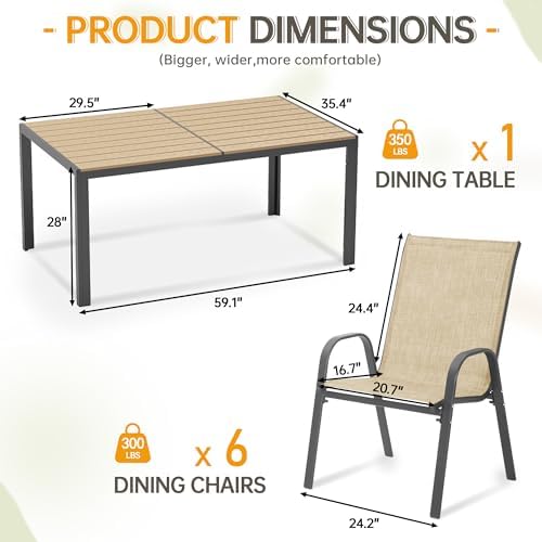 PIZZELLO 7-Piece Outdoor Dining Set w/ 60" Outdoor Table and 6 Chairs