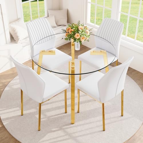 42" Round Glass Dining Table Set for 4,Modern Breakfast Table Set for 4 with Luxury Gold Chrome Legs,Space Saving Kitchen Table and White Gold Chairs for Apartment,Easy Assembly