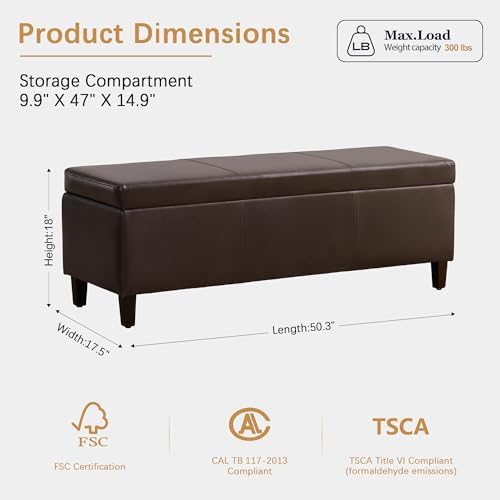 HUIMO Faux Leather Storage Ottoman Bench 50.3 Inch Extra Long PU Upholstered ...