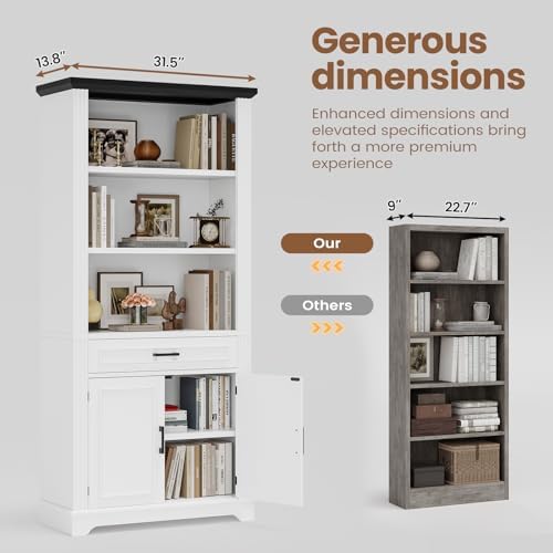 SEDETA Farmhouse Bookshelves and Bookcases with Doors, Drawer, White