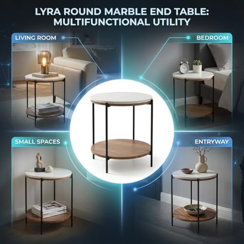 Lyra Round Marble End Table – Solid Acacia Wood Shelf, Open Storage Side Tabl...