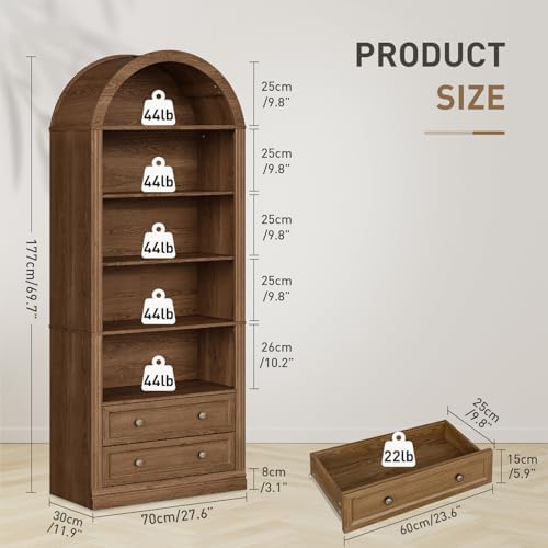 RALGEND Farmhouse Arched Bookshelf, 7 Tiers Arch Bookcase with 2 Spacious Dra...