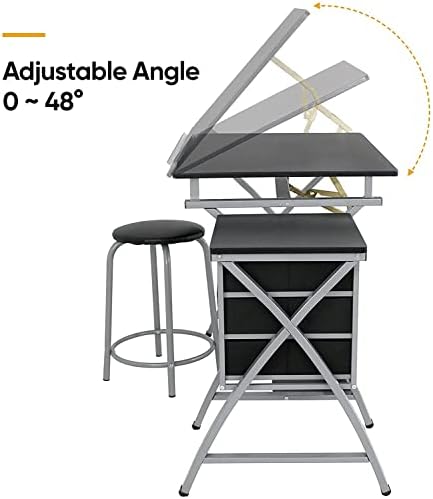 JupiterForce Drafting Table with Tiltable Tabletop and Stool, 3 Storage Drawe...