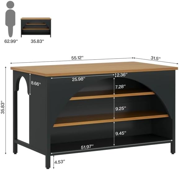 Kitchen Island with Open Shelves, Black and Natural Wood Top | 3-Tier Storage...