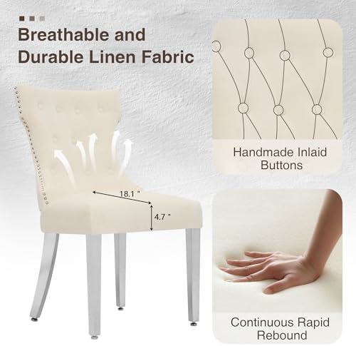 adochr Velvet Dining Chairs Set of 6, Upholstered Kitchen Chairs with Mteal Legs, Modern Button Tufted Back with Square Pull Ring Trim for Dining Room, Beige