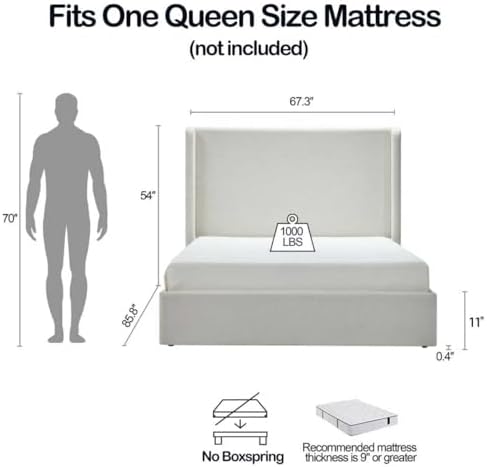 Queen 54" Tall Headboard Carmen Wingback Upholstered Platform Bed Frame ...