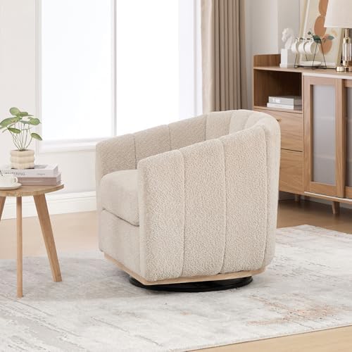 Swivel Barrel Chair Set of 2, 360 Degree Round Swivel Accent Chair for Living Room, Mid Century Modern Upholstered Accent Chair,Comfy Tufted Sofa Armchairs for Bedroom,Nursery,Boucle,Wheat