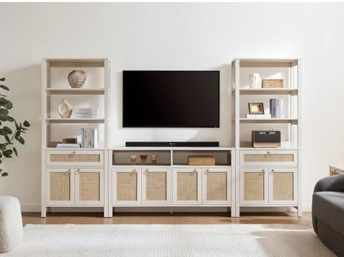 SICOTAS 68.5" Tall Boho Large White Rattan Bookshelf with Drawer and Doors