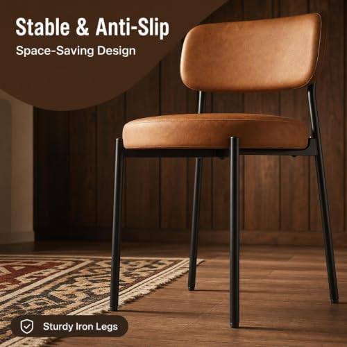 Mid-Century Modern Dining Chairs Set of 4, Brown Matte Faux Leather Kitchen C...