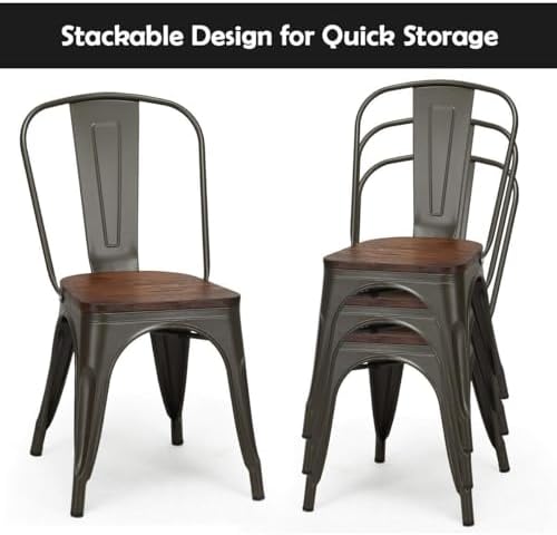 COSTWAY Stackable Metal Dining Chairs Set of 4 with Wood Seat and High Back