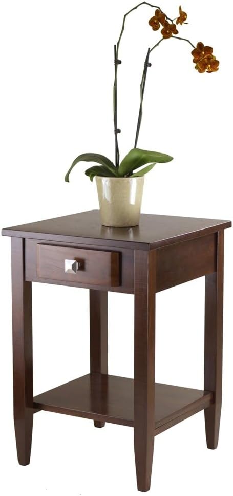 Furnifact End Table with Drawer, Tapered Legs, Lower Shelf, Solid Wood Frame,...