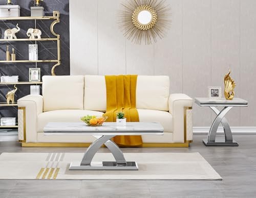 Henf 3-Piece Living Room Table Set for Home Office, Faux Marble White Coffee ...