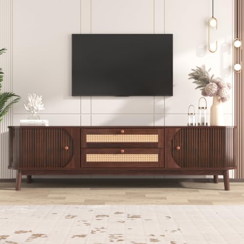 Bellemave Rattan TV Stand for up to 75", Modern Media Console with 2 Cabinets & 2 Drawers, Solid Wood Entertainment Center with Sliding Doors for Living Room, Bedroom (Walnut)