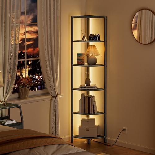 Furnulem 6 Tier Corner Shelf with LED Light, 67.5" Black Narrow Bookshelf