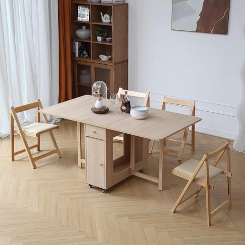 COMUHOME Wood Drop Leaf Folding Dining Table with 2 Drawers and 4 Wheels, Woo...
