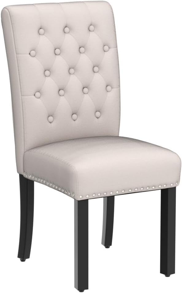 Velvet Dining Kitchen Chair Set of 2, Parsons Upholstered Dining Room Chair, Wood Accent Chair with Nailed Trim, Beige