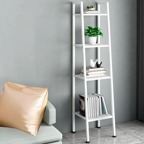 4 Tier Metal Ladder Bookshelf, Modern Open Storage Rack for Living Room, Bedroom, Balcony. Space Saving Steel Shelves with Adjustable Feet. Easy Assembly. Red