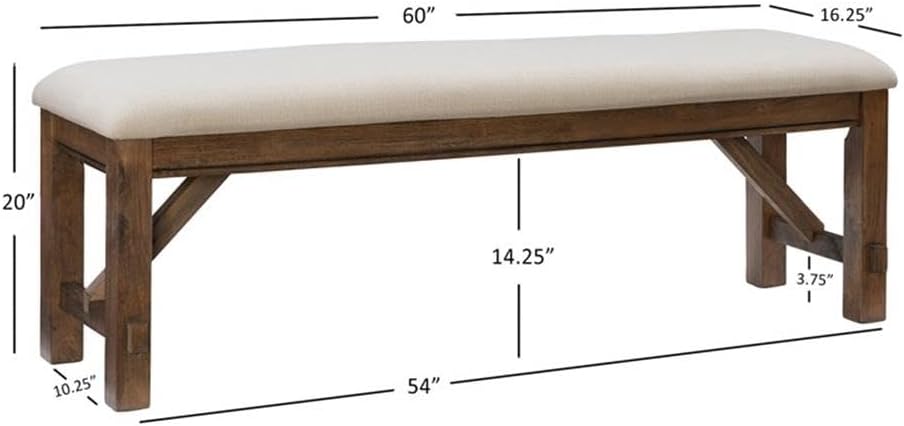 Pemberly Row 60" Wood/Fabric Bench, Rustic Umber Brown Finish, Tan Uphol...