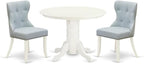 East West Furniture SHSI3-WHI-15 3 Piece Dining Room Table Set Contains a Round Wooden Table with Pedestal and 2 Baby Blue Linen Fabric Upholstered Chairs, 42x42 Inch, Linen White