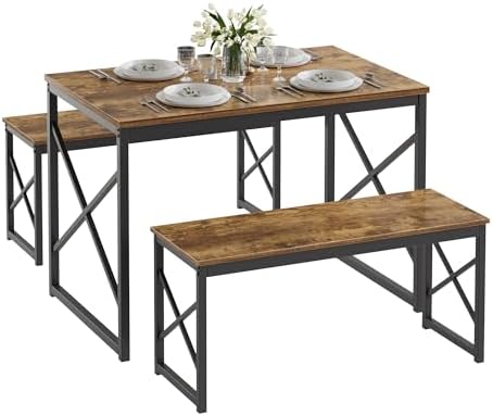 VECELO 43.3" Kitchen Dining Table Set for 4, Heavy-Duty Steel Frame &amp...