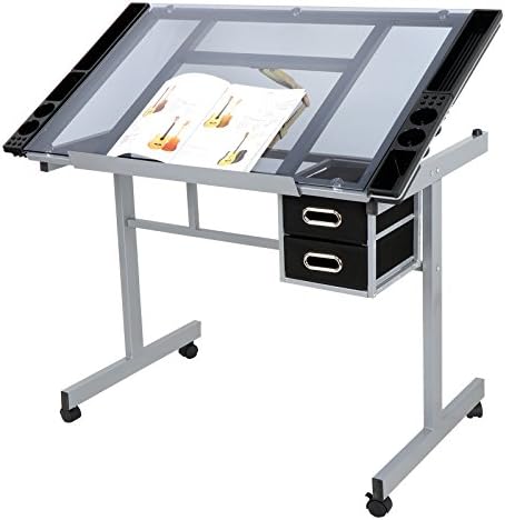 ZenStyle Glass Top Drafting Table with Storage, Adjustable Multifunctional Dr...