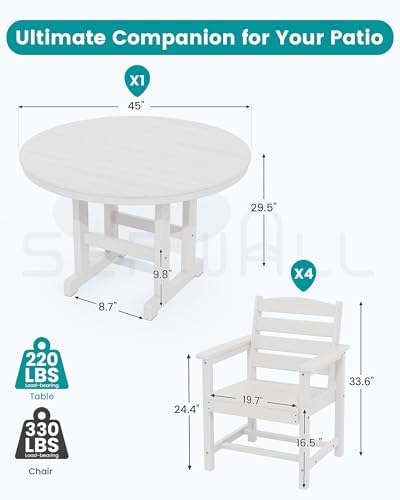 SERWALL 5-Piece Patio Dining Set, 45" Round Table, 4 Chairs, White