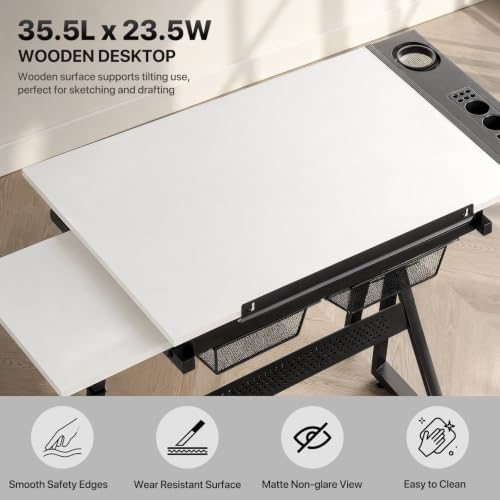 Athena Collection Wooden Drafting Table W/Stool, Tilting Art Desk, White