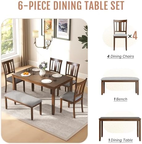 Zevemomo 6-Piece Solid Wood Dining Table Set,Dining Table Set for 6, Walnut