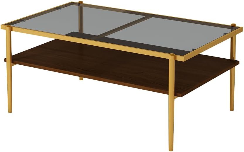 Rectangle Coffee Table with Gray Tempered Glass Top and Golden Legs, Modern T...