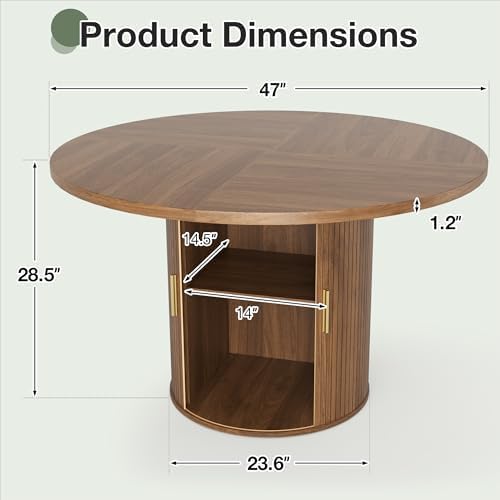 47-Inch Round Dining Table for 4-6, Tambour Door Storage, Walnut