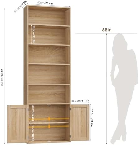 FACBOTALL 82" Tall Bookcase, Farmhouse Bookshelf with Doors,Light Oak