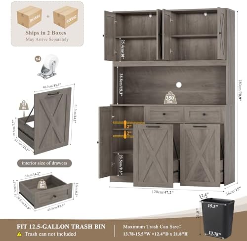 HOSTACK 71" Kitchen Pantry with 12.5 Gallon Double Trash Can Cabinet, Gr...
