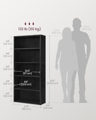 VASAGLE Bookshelf, 23.6 Inches Wide, 5-Tier Open Bookcase with Adjustable Sto...