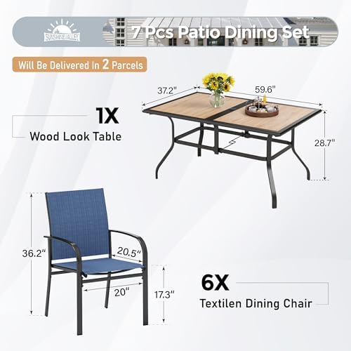 SUNSHINE VALLEY 7pc Patio Dining Set, 60”Metal Table (PVC Top) & 6 Chairs