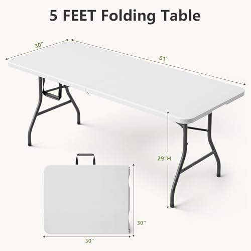 Folding Dining Table Set for 4, 5FT Foldable Plastic Table with Carrying Hand...