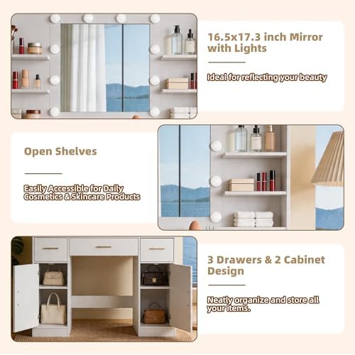 42" W Vanity Desk with Power Outlet Mirror and LED Lights Large Heavy Du...