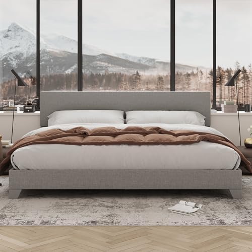 Allewie King Size Upholstered Bed Frame Adjustable Headboard, Light Grey