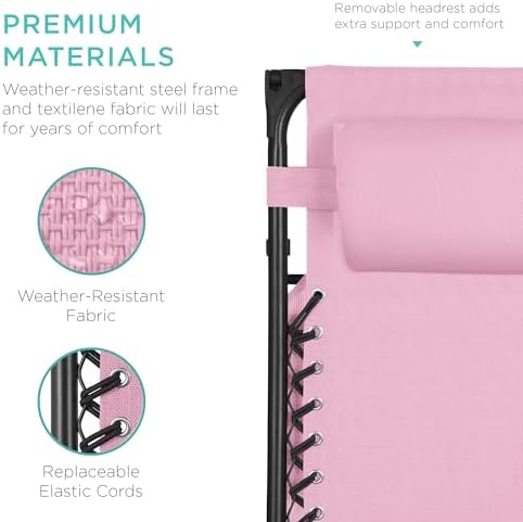 Best Choice Products Folding Zero Gravity Outdoor Recliner Patio Lounge Chair w/Adjustable Canopy Shade, Headrest, Side Accessory Tray, Textilene Mesh - Bubblegum Pink