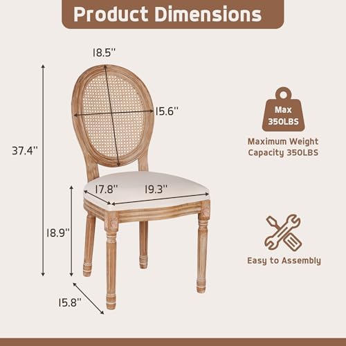 Polar Aurora Dining Chairs Set of 4 Beige Rattan Round Back with Solid Wood L...