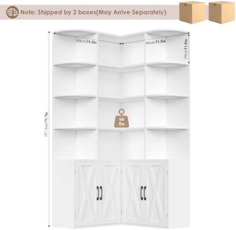 FINETONES 74" Tall Corner Bookshelf, White Bookshelf with Doors