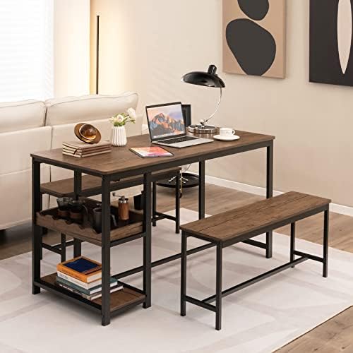 GIANTEX Dining Table Set for 4, 3-Piece 55" L Kitchen Table Set w/ 2 Ben...