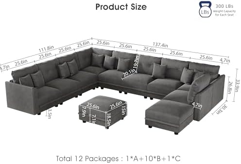 LLappuil 11-Seat Modular Sectional Sofa with Storage, Oversized V-Shaped Cord...