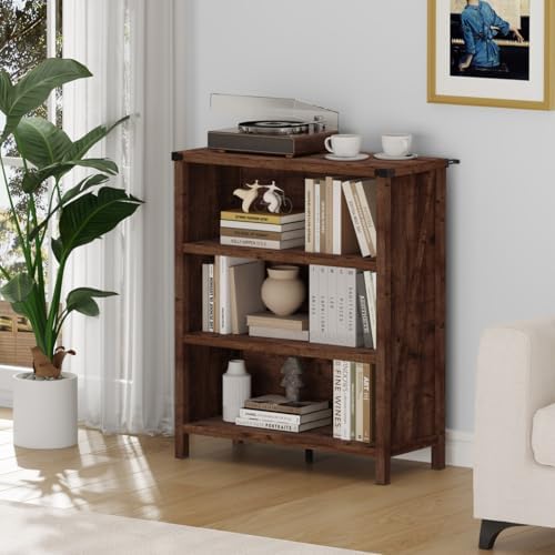 BON AUGURE Rustic Short Bookshelf, 3 Shelf Bookcase, Small Wood Low Book Case...