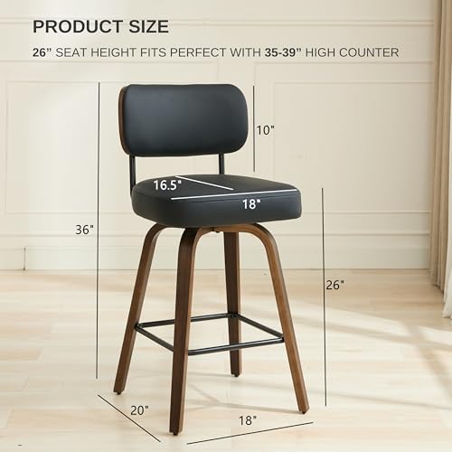 Swivel Bar Stools Set of 3, 26" Counter Height, Black | Walnut Wood Legs...