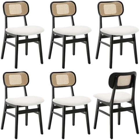 ROCITY Black Rattan Dining Chairs Set of 6 Sherpa Dining Room Chairs Natural ...